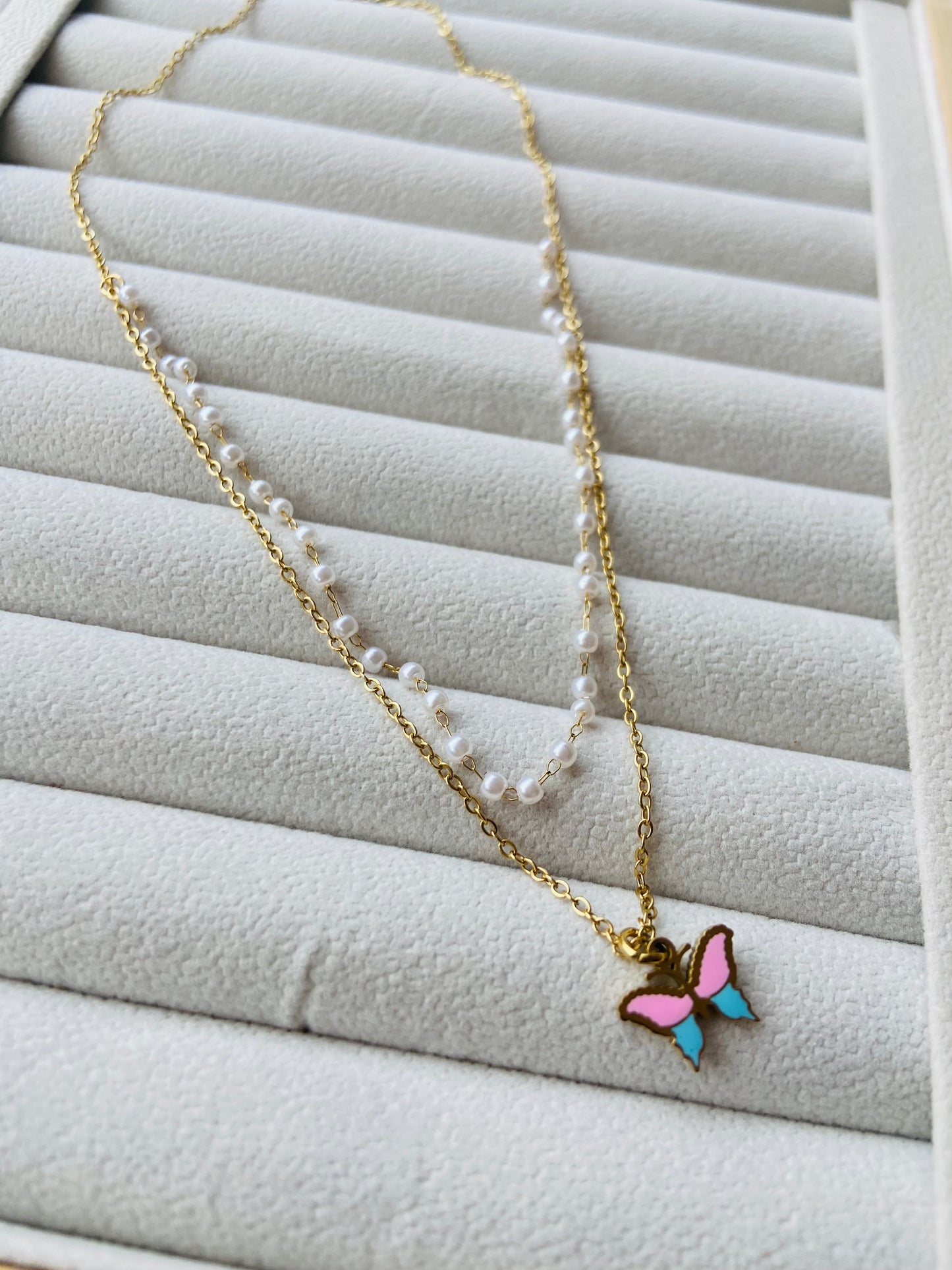 Anti Tarnish Pearl double layer butterfly necklace for kids