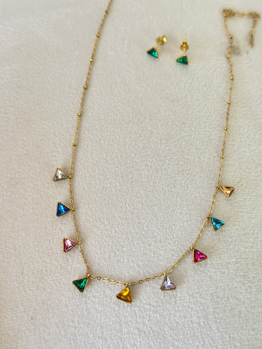 New anti tarnish multi stone triangle chain set