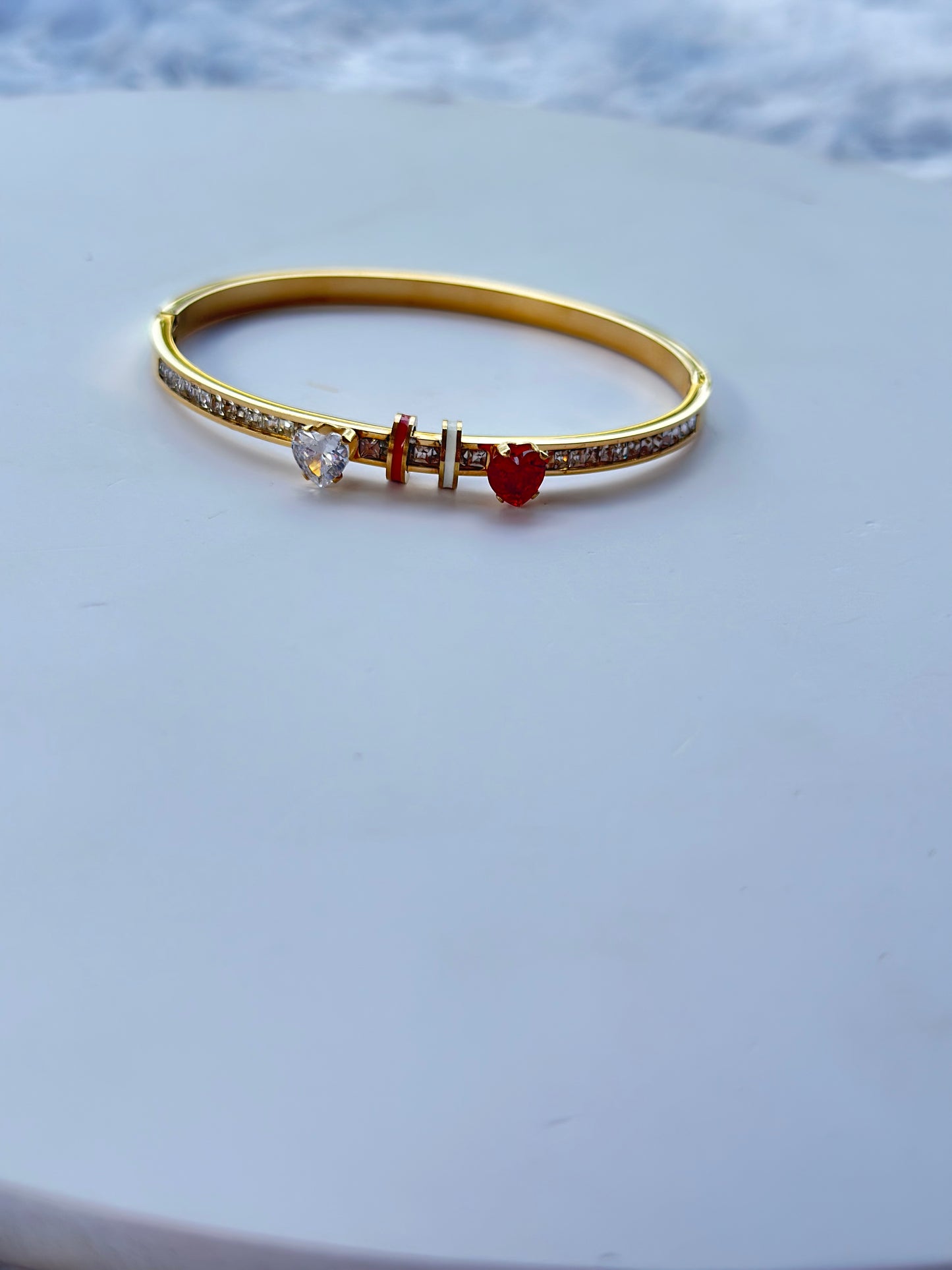 New anti tarnish red heart stone bangle