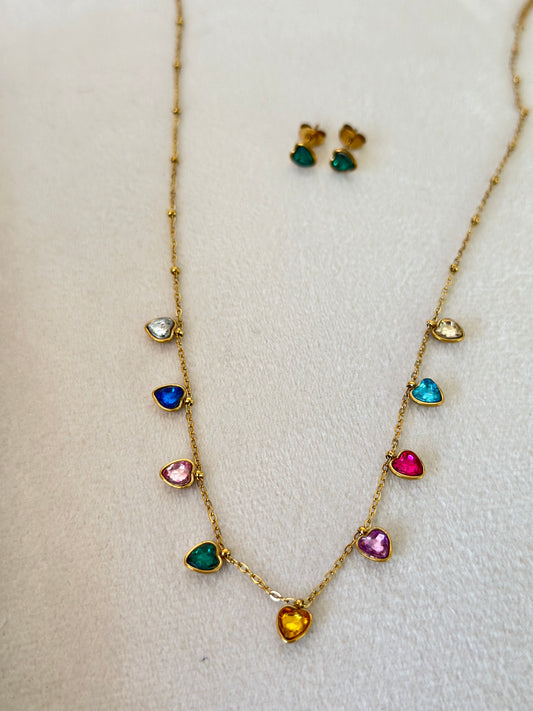 New anti tarnish multi stone heart chain  set