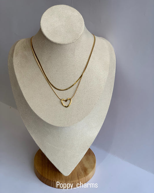 Anti Tarnish Double layer snake chain with open heart pendant necklace