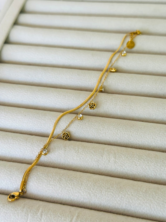 New anti tarnish rosy white stone double layer bracelet