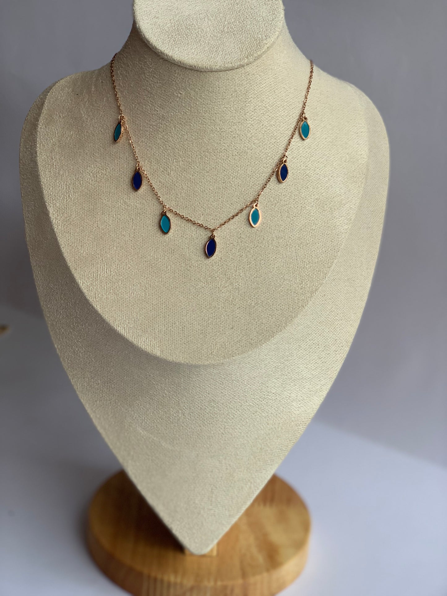 Anti tarnish blue leaf necklace