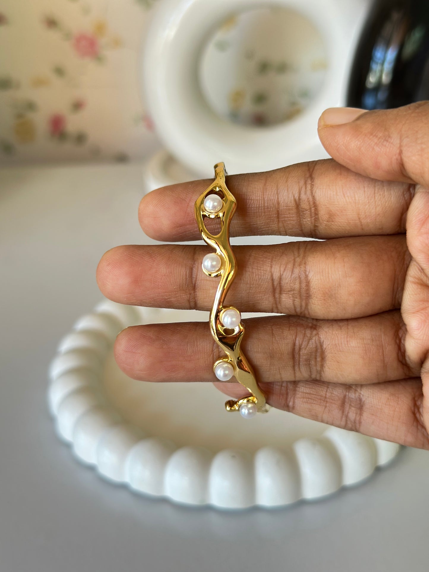 Anti tarnish pearl cuff bangle