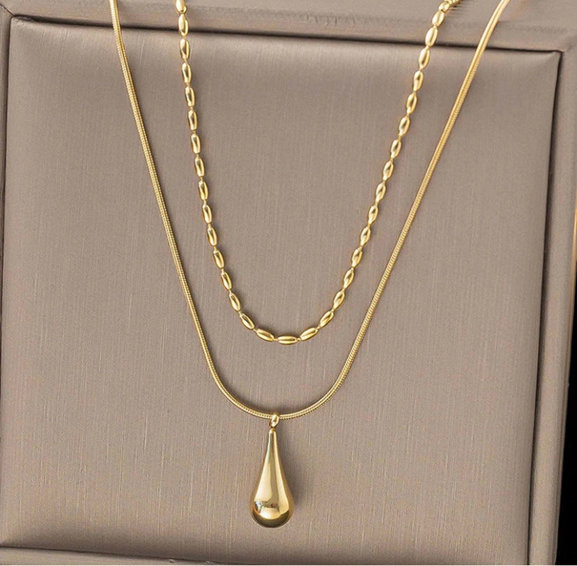 Anti Tarnish Double layer drop pendant necklace
