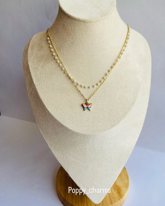 Anti Tarnish Pearl double layer butterfly necklace for kids