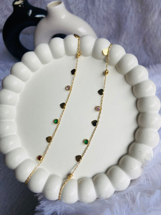 Anti Tarnish New Multi stone heart design Anklet